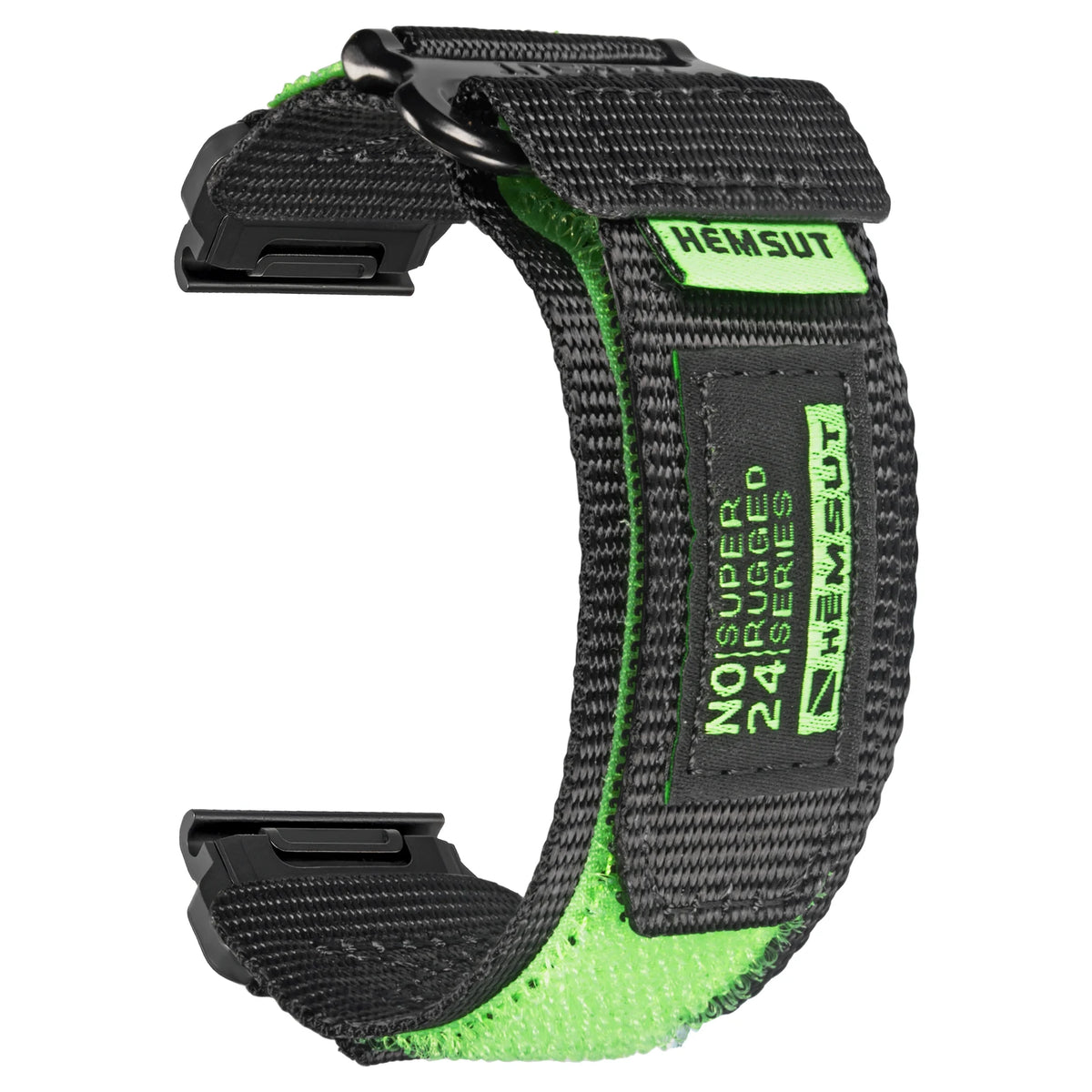 A black nylon sport strap for a watch, featuring bright lime green accents and the brand name HEMSUT.