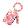Pink floral silicone bead PU leather key chain wallet with gold charm and tassel
