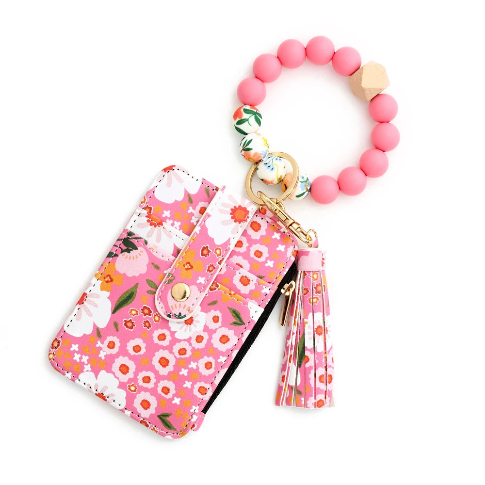 Pink floral silicone bead PU leather key chain wallet with gold charm and tassel