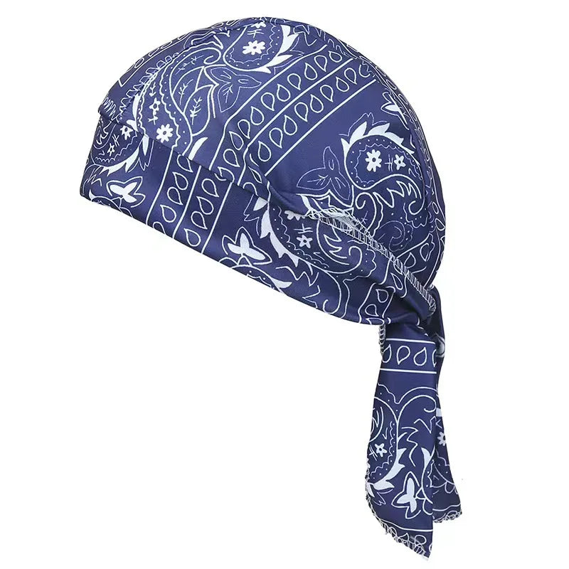 Navy blue adjustable pirate style sports headband with white floral and geometric patterns
