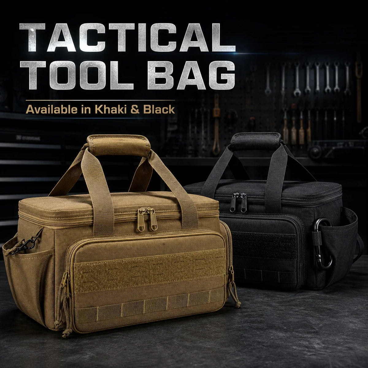 A tan tactical tool bag and a black tactical tool bag displayed on a dark surface.