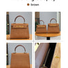 A brown multi-angle display showing a retro crocodile pattern tote bag with a leather handle.