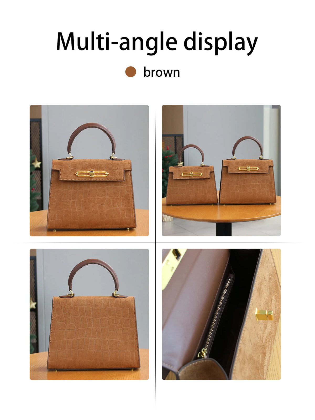 A brown multi-angle display showing a retro crocodile pattern tote bag with a leather handle.