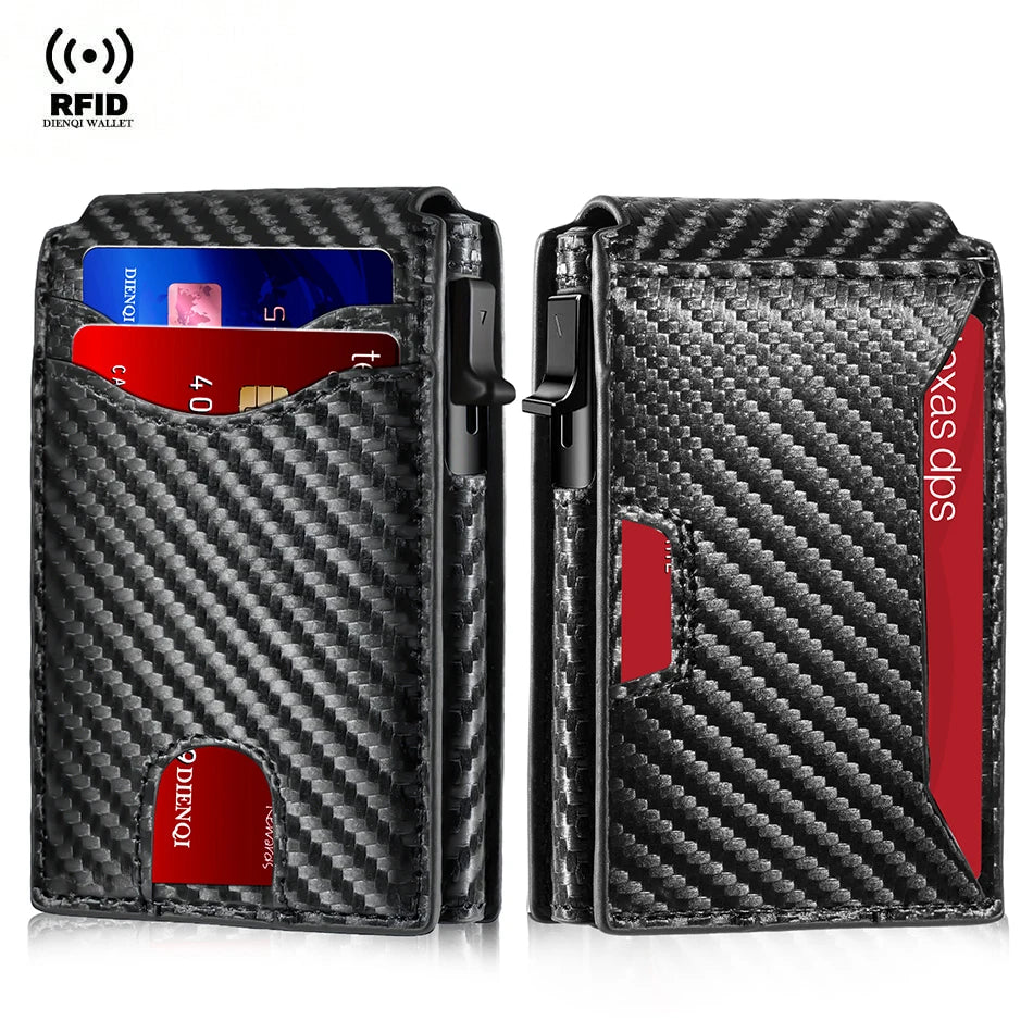 A black carbon fiber slim RFID protection wallet shown in a vertical view.