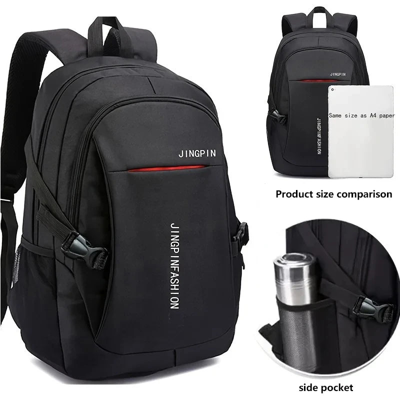 Black Jingpin Infashion backpack shown with size comparison and side pocket details