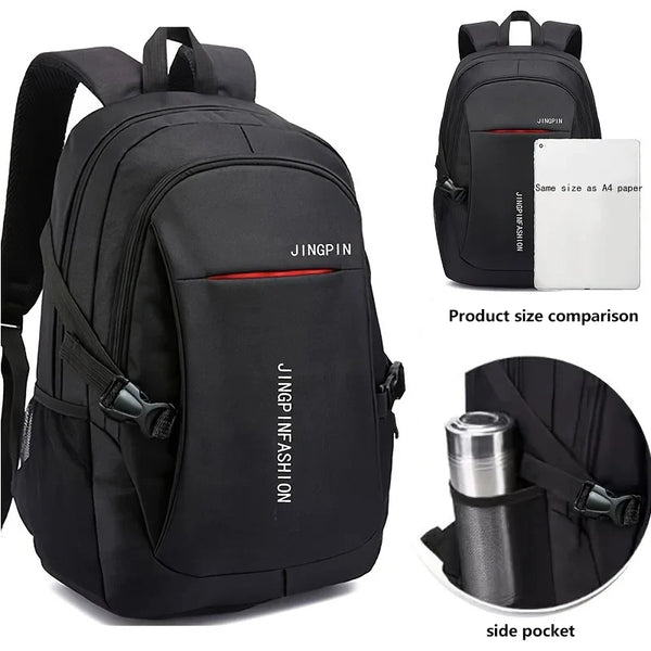 Black Jingpin Infashion backpack shown with size comparison and side pocket detail