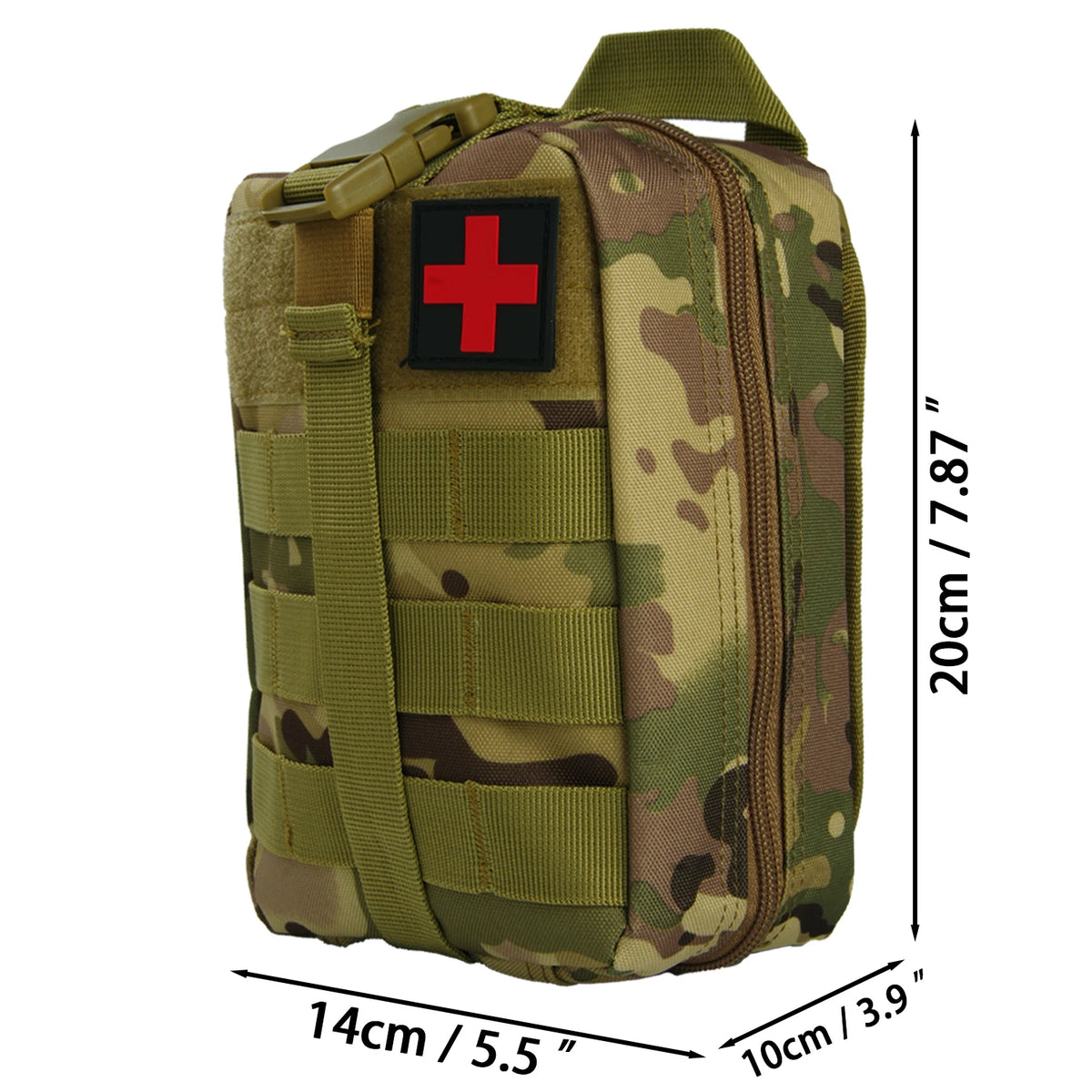Olive green camouflage tactical waist pack first aid kit bag with a red cross emblem