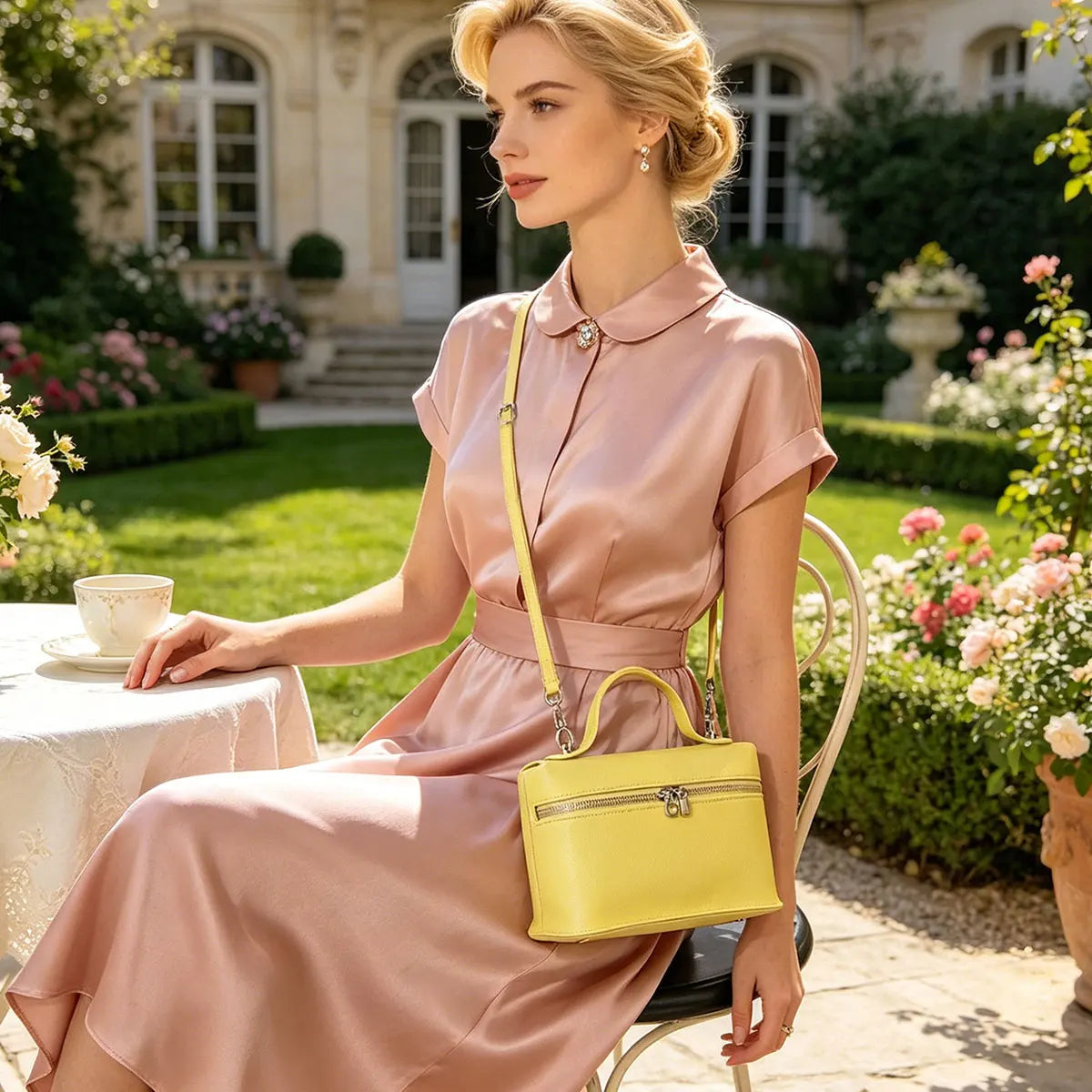 A woman wearing a pink dress sits outdoors holding a yellow pebbled leather box crossbody bag.