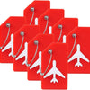 A set of red silicone luggage tags with silver clasps and white airplane silhouettes.
