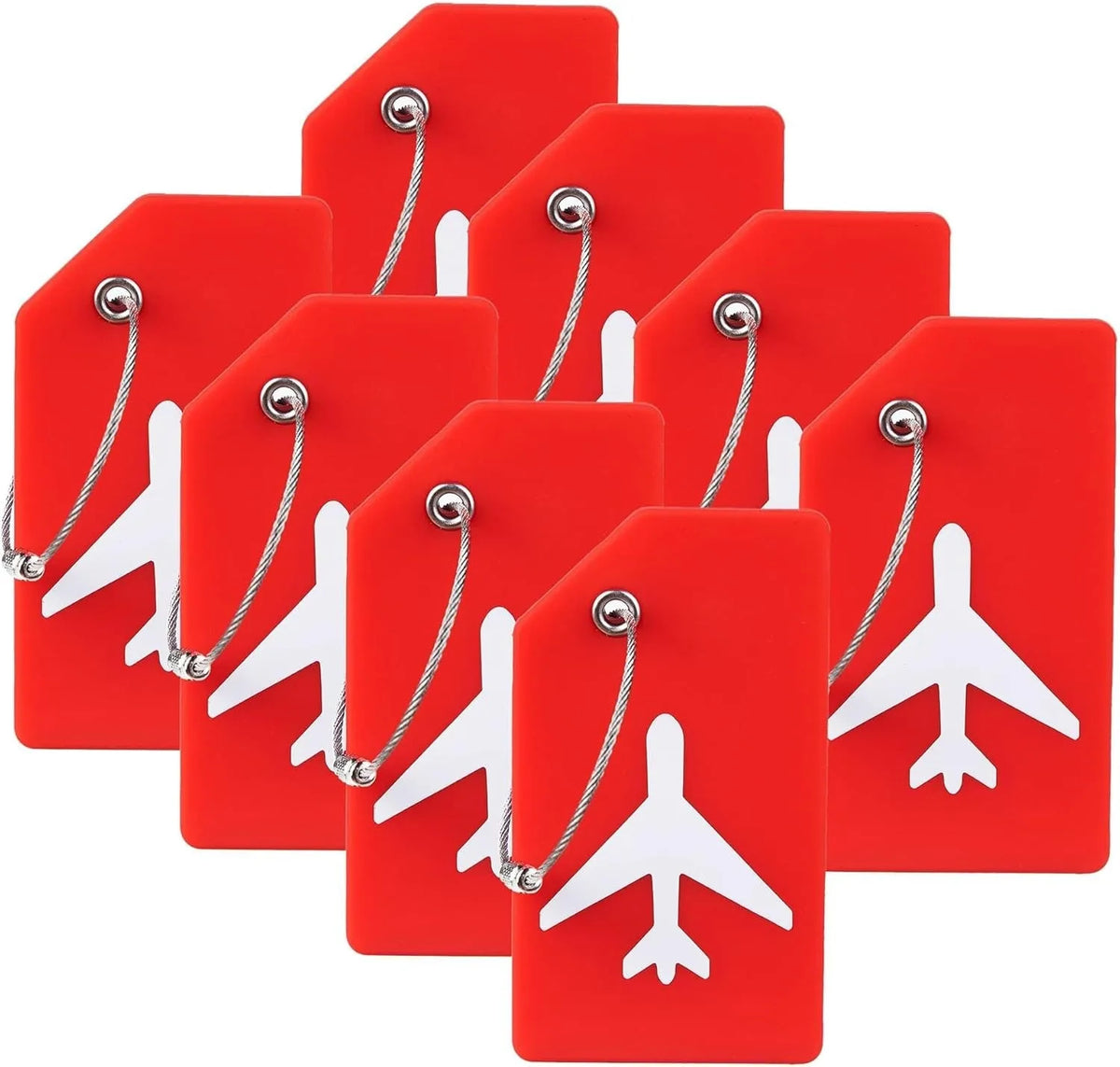 A set of red silicone luggage tags with silver clasps and white airplane silhouettes.