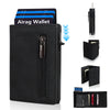 A black minimalist magnetic wallet featuring an Airag Wallet card and a leather sleeve.