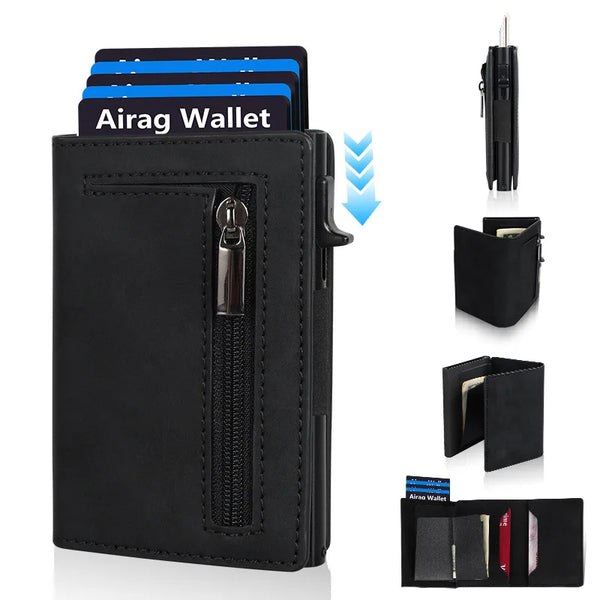 A black minimalist magnetic wallet featuring an Airag Wallet card and a leather sleeve.