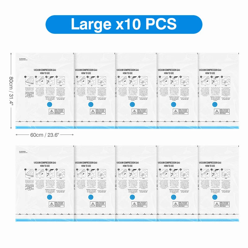 Ten large vacuum compression bags for electric vacuum storage pump