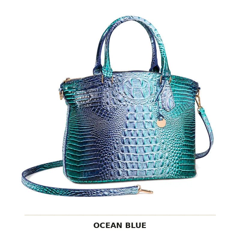 Ozeanblaues Krokodilmuster-Top mit Henkel und Crossbody-Tasche mit goldener Akzent