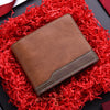 A brown PU leather men's wallet with an ID card holder resting on a bright red, fluffy material.