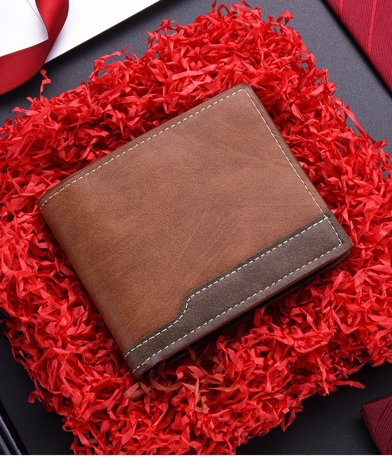 A brown PU leather men's wallet with an ID card holder resting on a bright red, fluffy material.