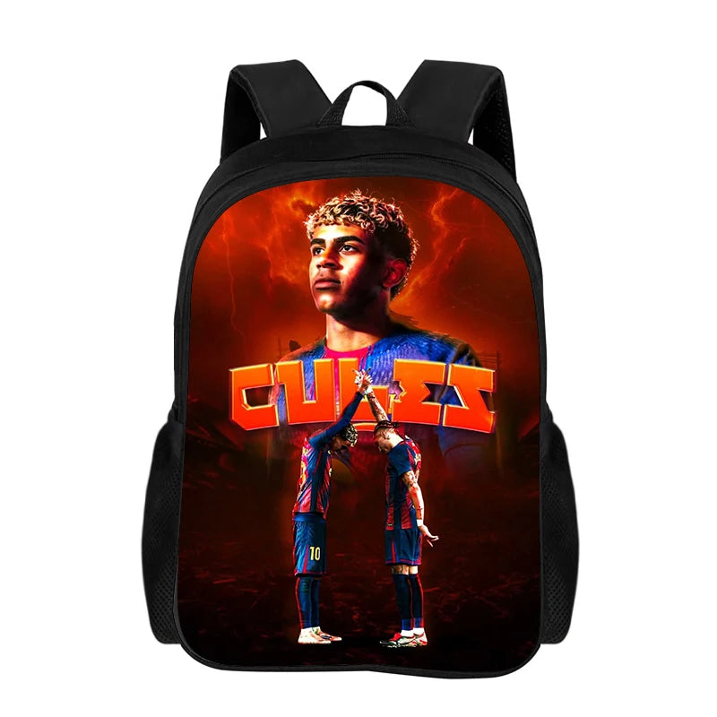 A black backpack featuring a graphic of a soccer player in a fiery background.