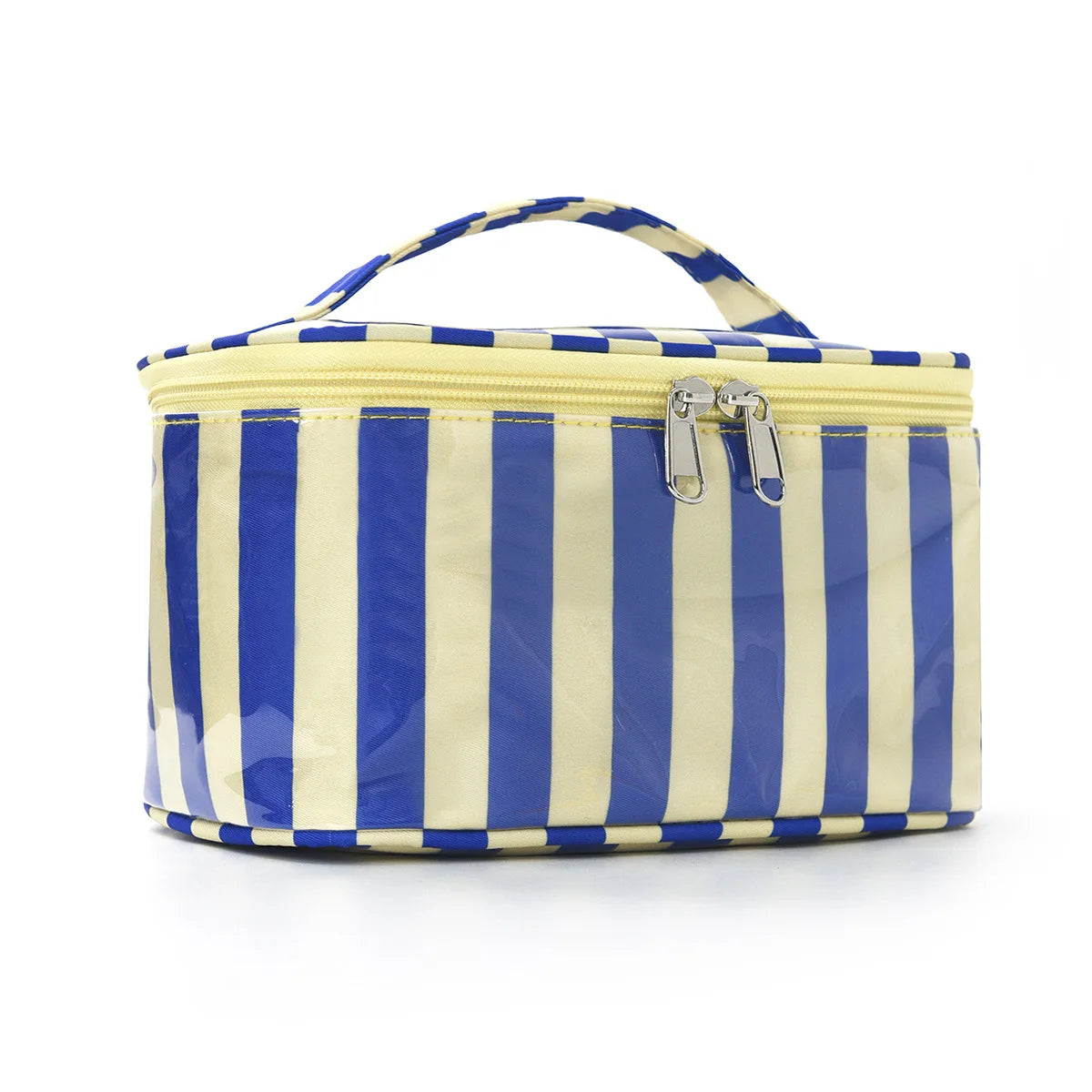 Bolsa de almacenamiento cosmético con rayas verticales azules y crema y cremallera en la parte superior.