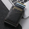 A black PU leather card holder with a gold-edged card is shown next to a laptop keyboard.