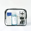 A clear, travel-sized toiletry bag containing various skincare and grooming products.