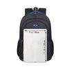 Black unisex double-shoulder travel backpack with a white laptop sleeve and blue accents