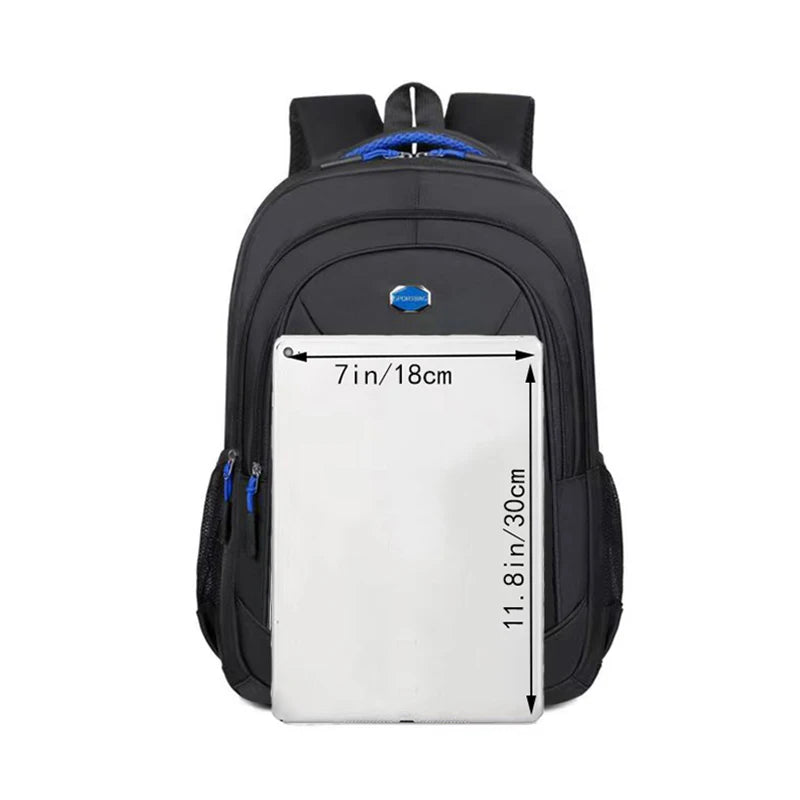 Black unisex double-shoulder travel backpack with a white laptop sleeve and blue accents