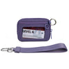 A purple iris checkered wallet with a clear ID window and a matching strap.