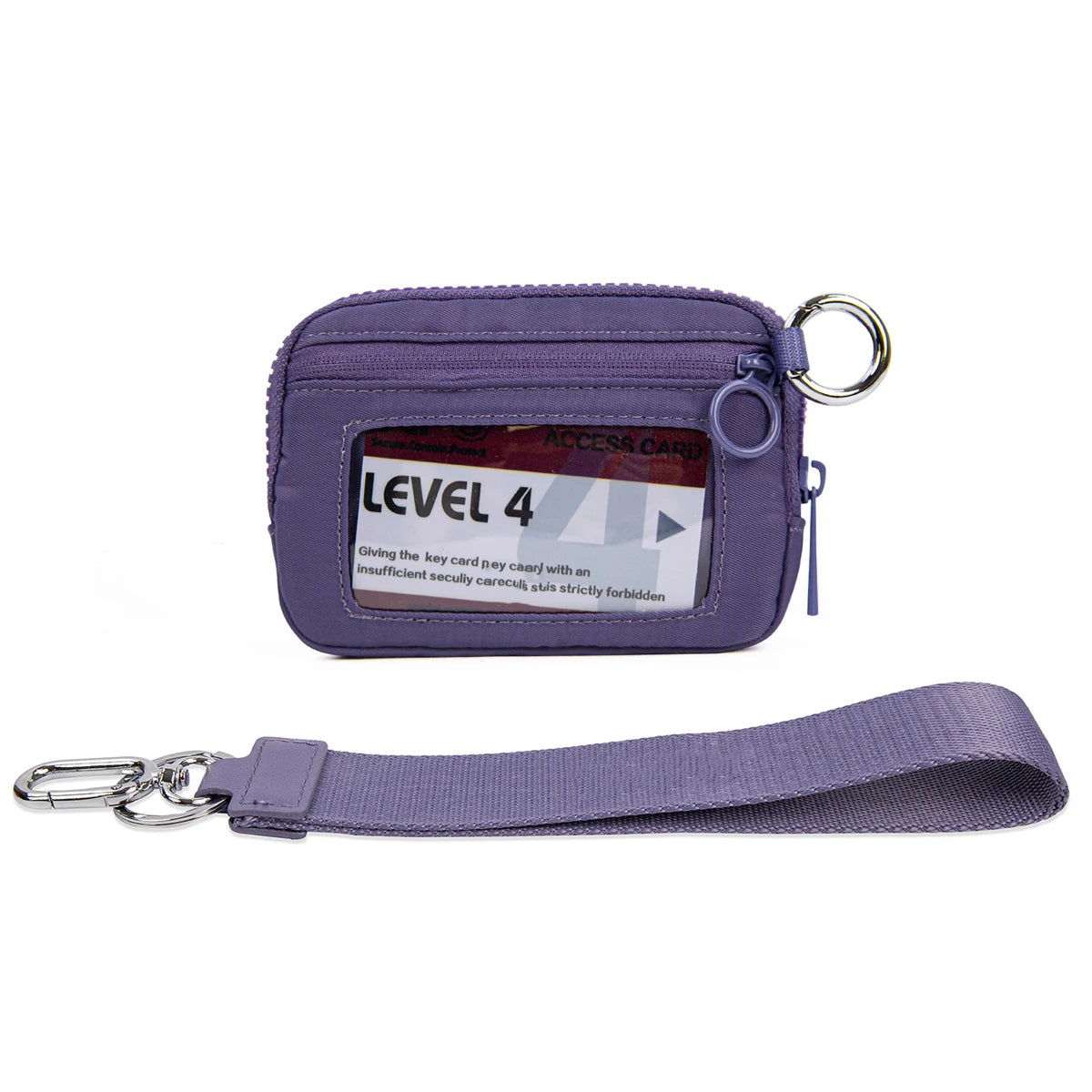A purple iris checkered wallet with a clear ID window and a matching strap.