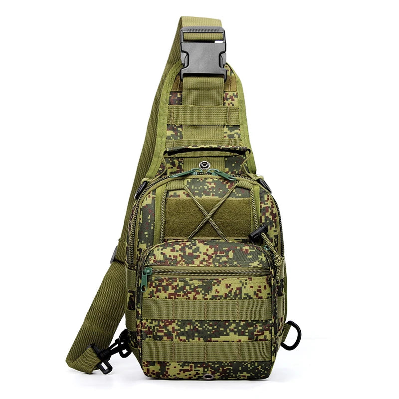 Olive green tactical sling backpack with camouflage pattern and a gray buckle