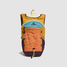 A lightweight travel hiking backpack featuring multiple colored panels including yellow, orange, and purple.