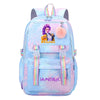 A light blue and pink patterned laptop backpack featuring a purple character charm.