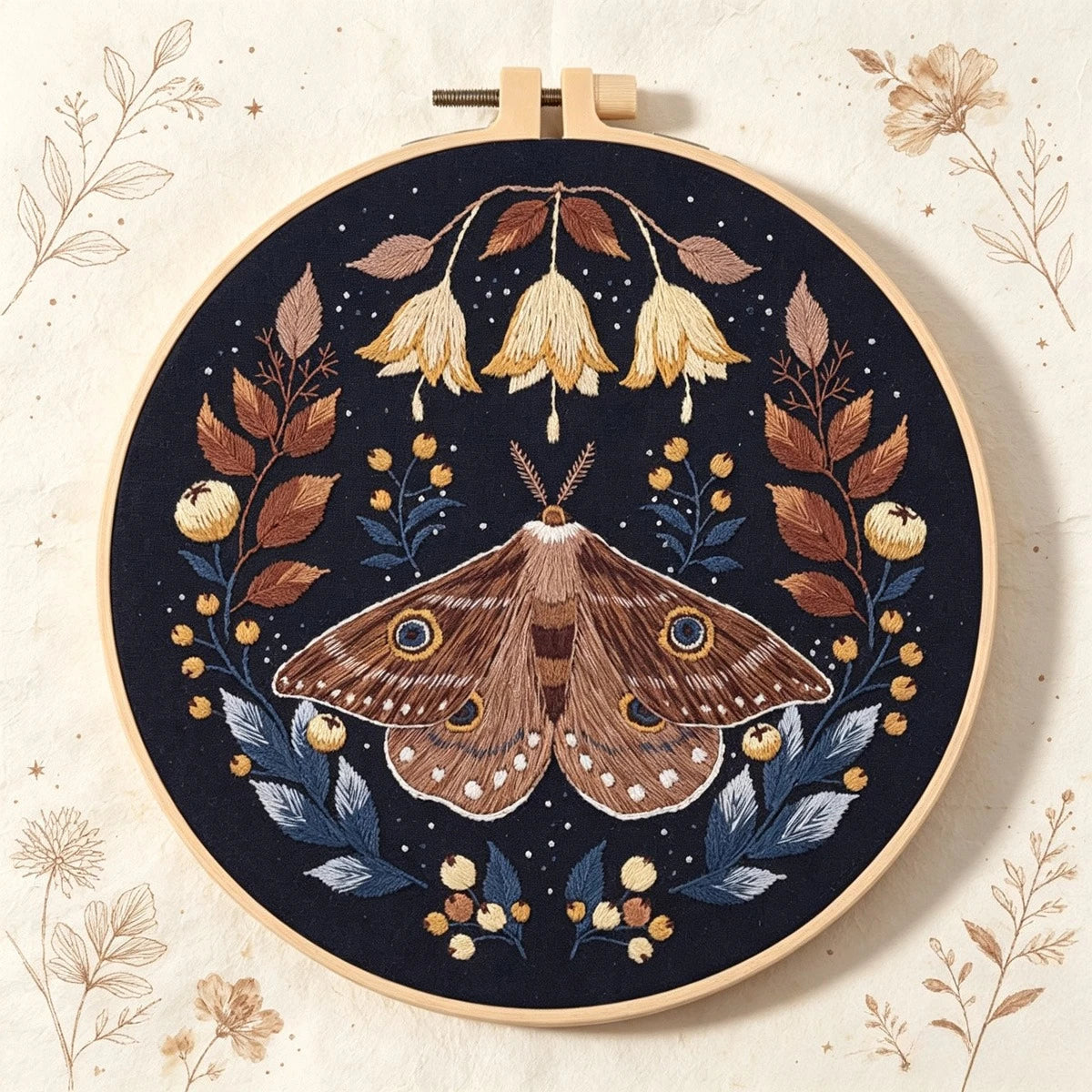 A circular embroidery hoop featuring a detailed butterfly design in brown, gold, and dark blue thread on a black background.