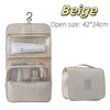 Beige waterproof makeup organizer pouch with a clear window and a separate cosmetic case.