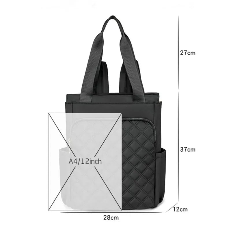 Black quilted women's backpack tote with a white insert and adjustable straps