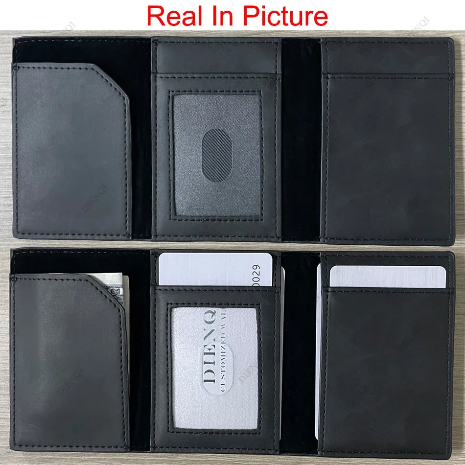 A black slim card holder wallet with a leather-like finish showing various card slots and a cutout.