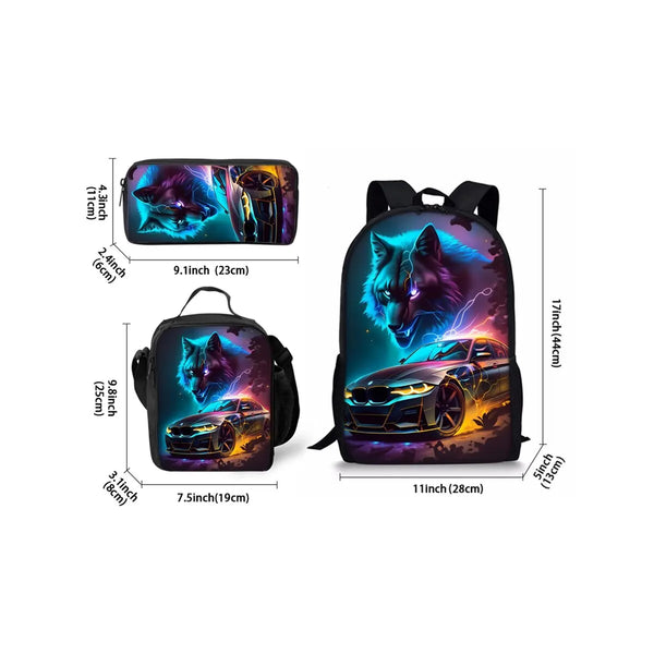 A set of three kids' wolf cartoon backpacks, including a backpack, lunch bag, and pencil case.