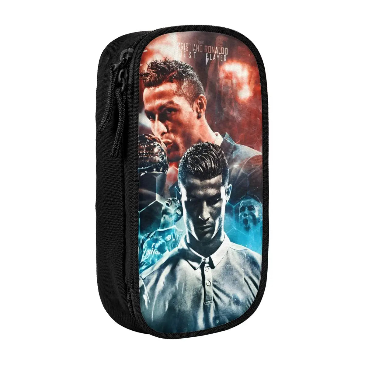 Black pencil case featuring a collage of Cristiano Ronaldo images.
