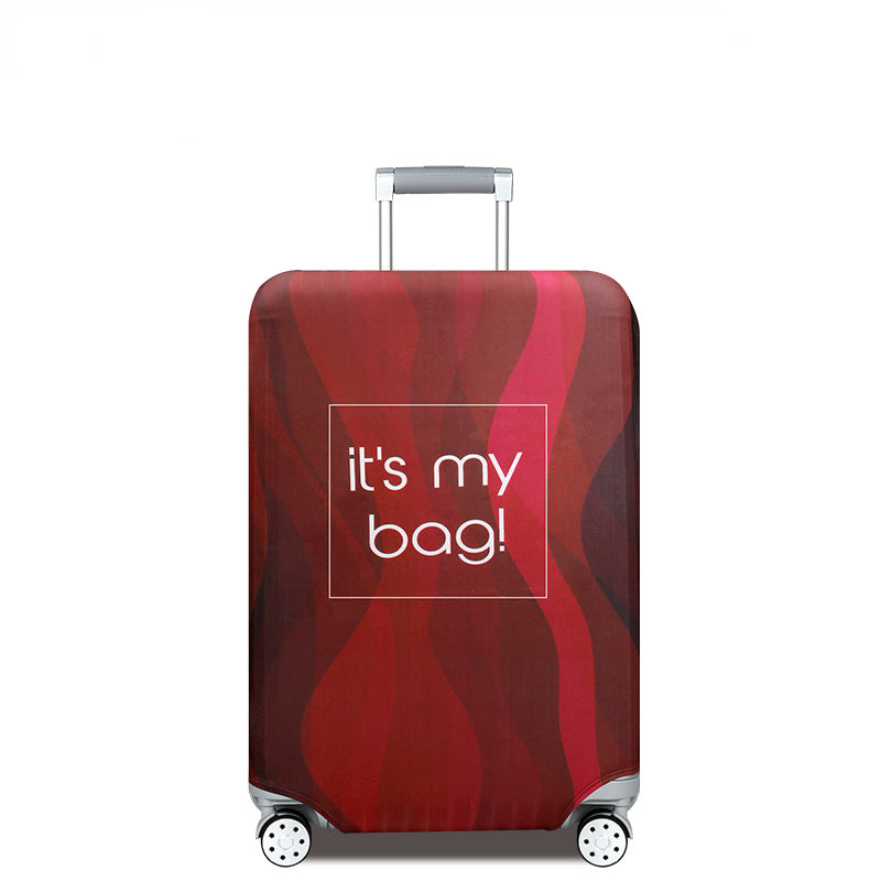 A red heavy duty luggage protection cover on a rolling suitcase.