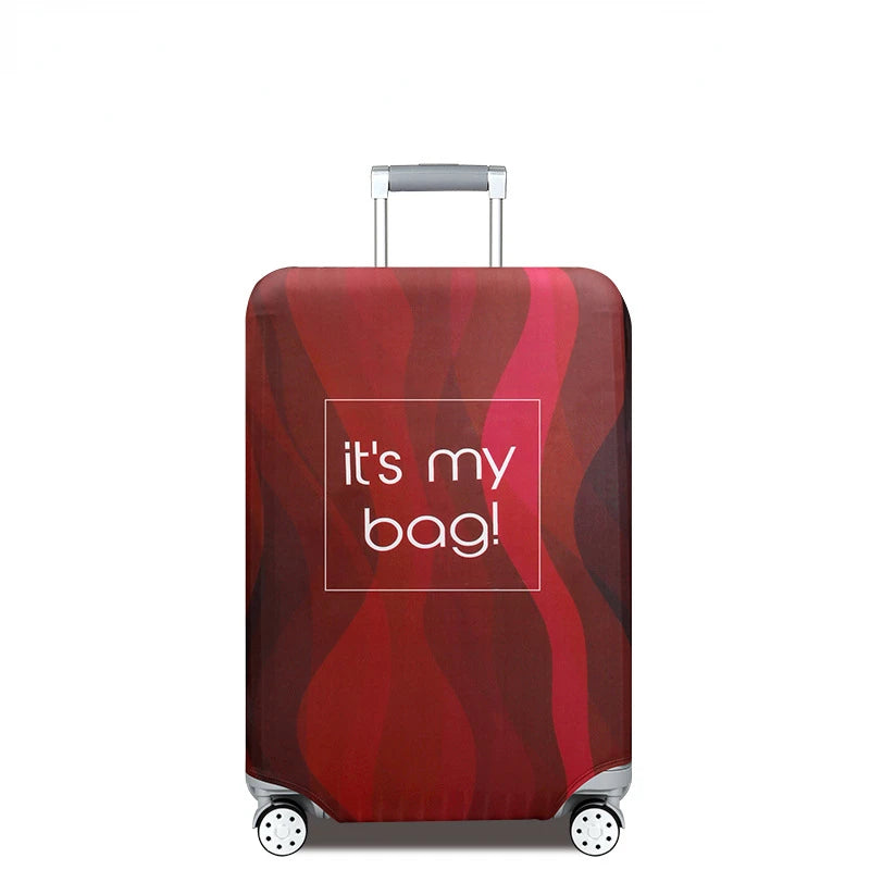 A red luggage bag with a protective cover featuring white text that reads it's my bag