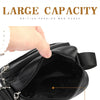 A hand is opening a large capacity black leather purse or inside pocket of a British fashion man purse.