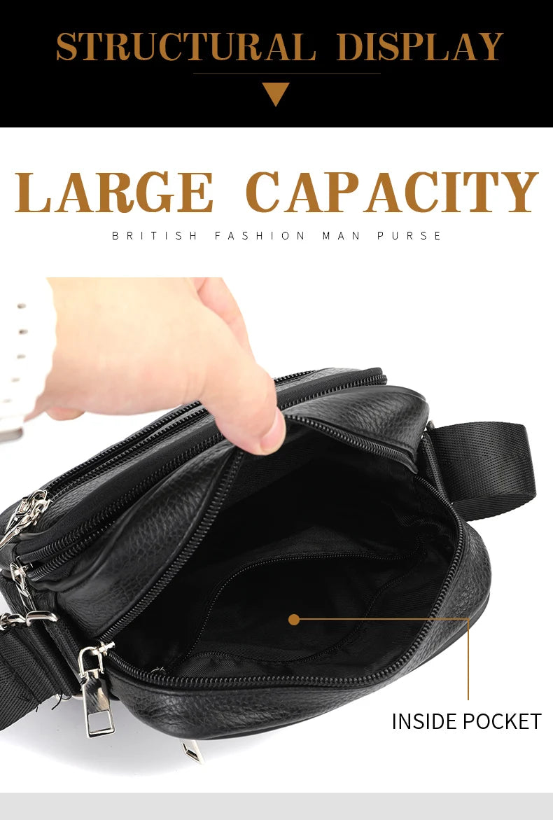 A hand is opening a large capacity black leather purse or inside pocket of a British fashion man purse.