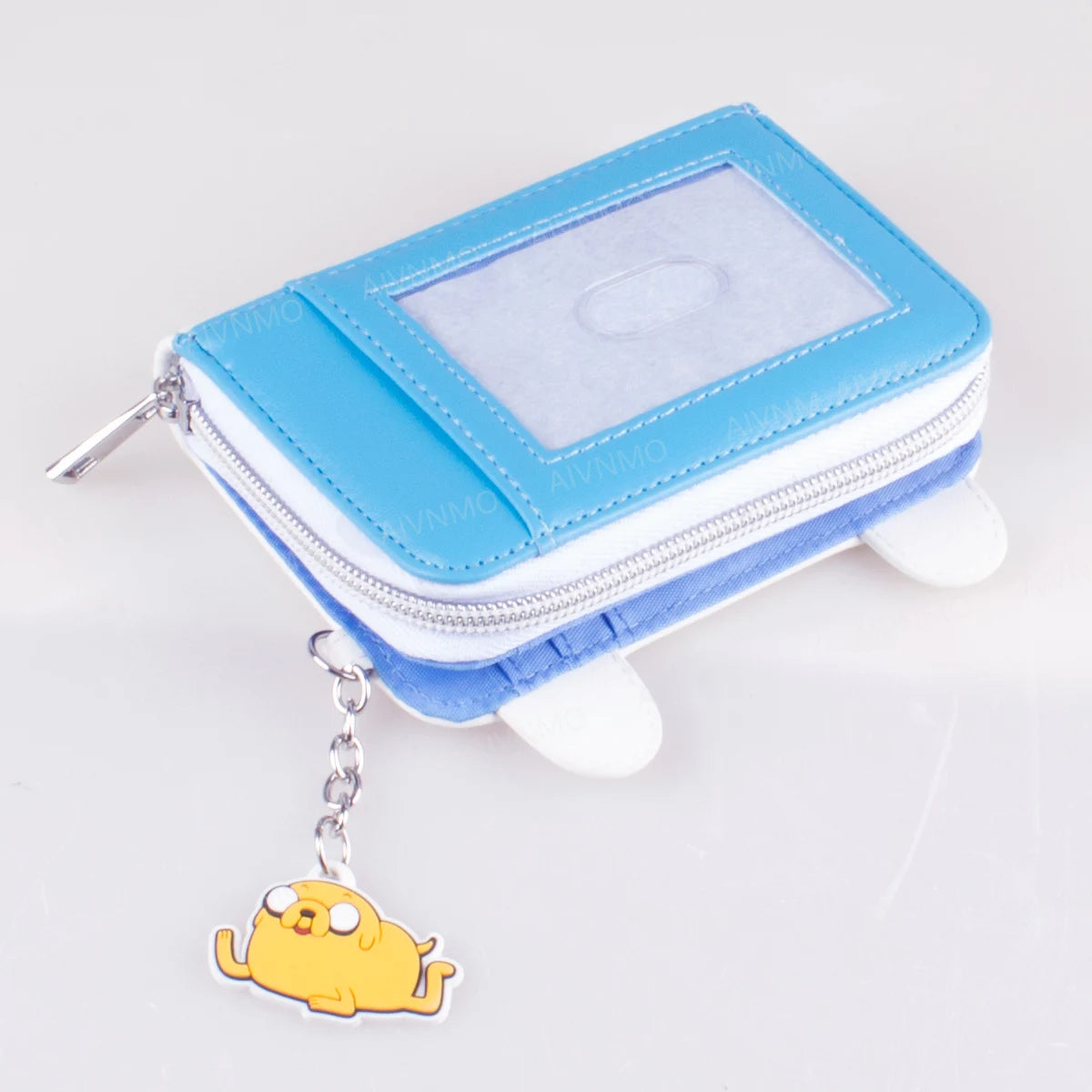 A light blue anime trifold zipper wallet with a clear ID window and a yellow charm hanging from it.