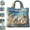 A set of quilted canvas tote bags featuring sea turtle designs in blue, beige, and teal tones.