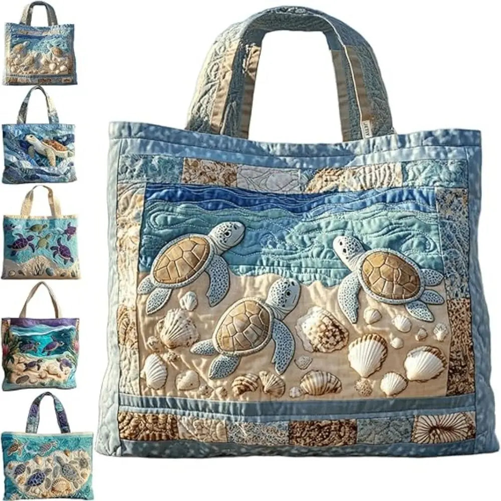 A set of quilted canvas tote bags featuring sea turtle designs in blue, beige, and teal tones.