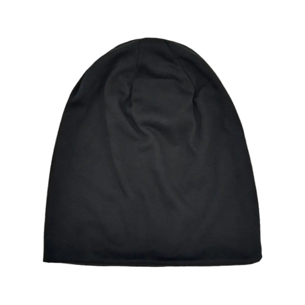 Black slouchy knit beanie hat shown from the front