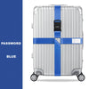 Silver adjustable luggage with a blue cross strap and password label