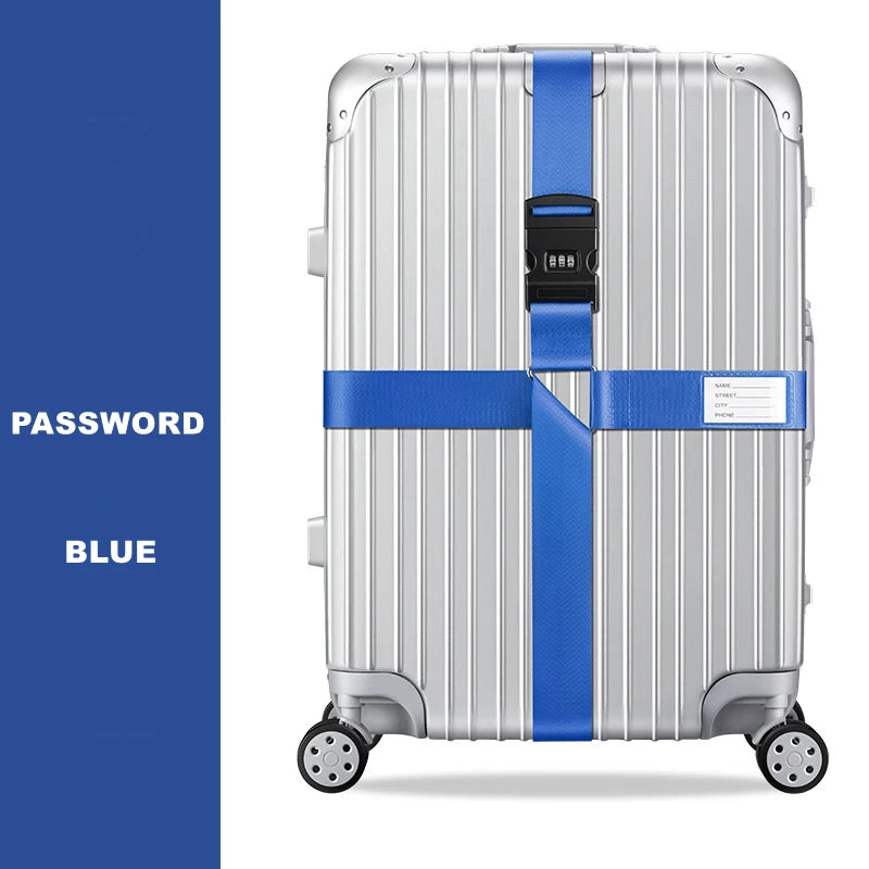Silver adjustable luggage with a blue cross strap and password label
