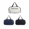 A pair of waterproof sports duffel bags, one cream-colored and one navy blue.