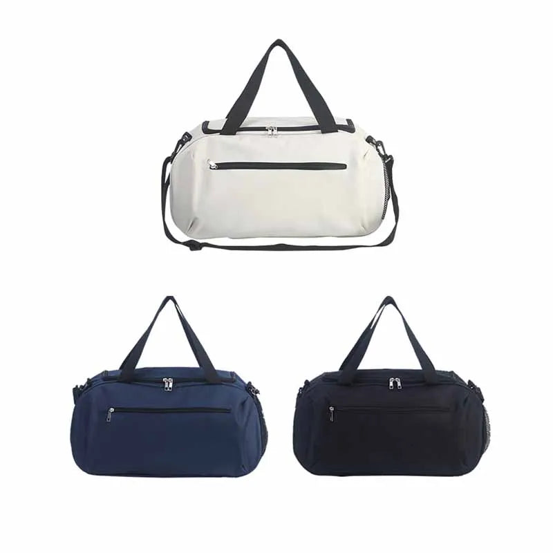 A pair of waterproof sports duffel bags, one cream-colored and one navy blue.