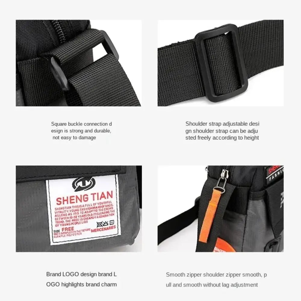 Black waterproof nylon crossbody bag with adjustable strap and zipper details